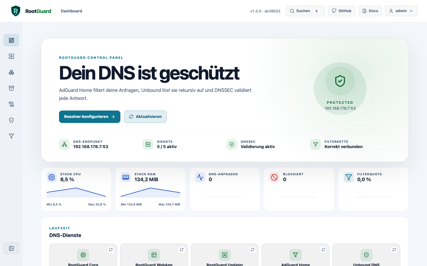 RootGuard Dashboard mit Live-Status
