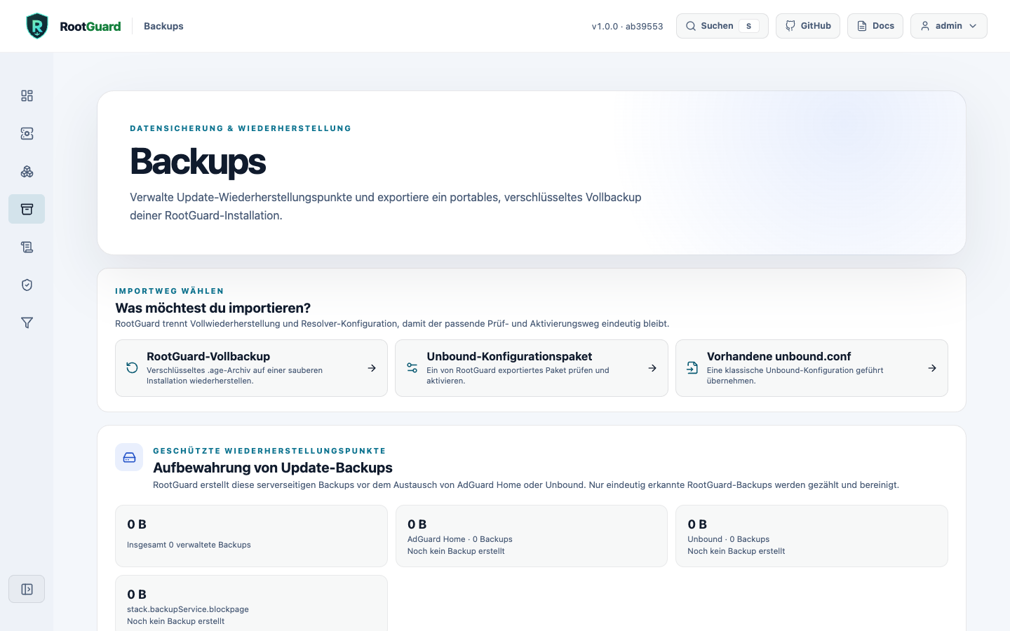 Backups-Seite mit den drei Importwegen