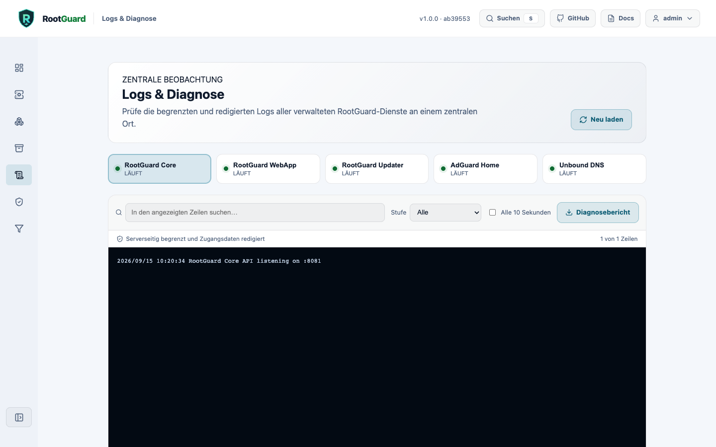 Logs & Diagnose mit Dienstauswahl